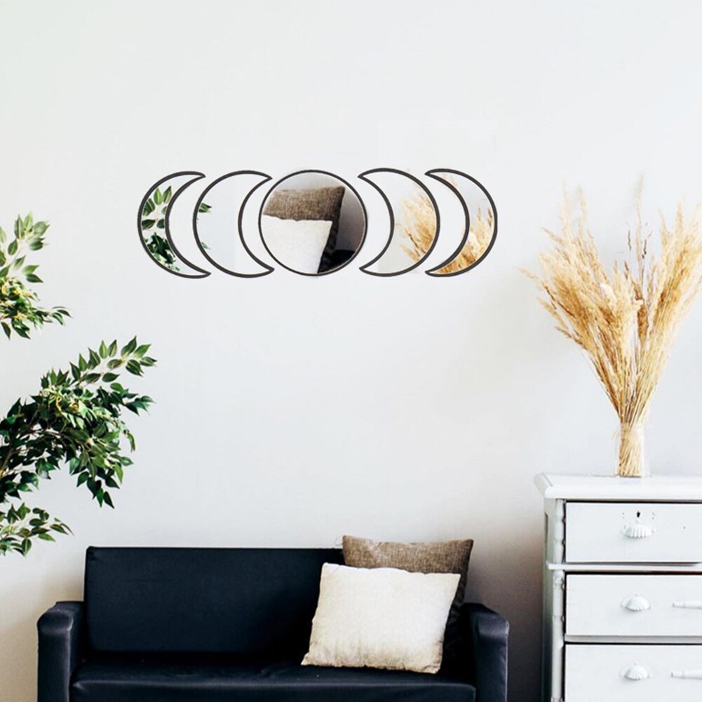 5pcs Ornament DIY Wooden Frame Wall Mirror Office Living Room Home Decor Shatterproof Nursery Bedroom Moon Phase Apartment