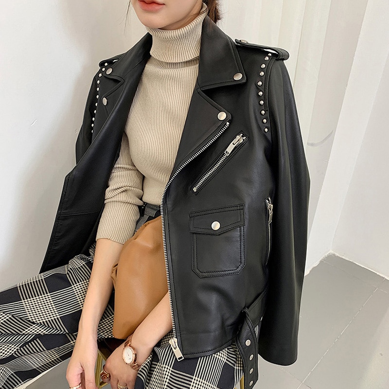 Chaqueta de piel para mujer, chaqueta de piel negra de imitación estrecha con remaches y cremallera, chaquetas de piel para mujer, chaqueta de motociclista con tachuelas de Pu para mujer, prendas de vestir