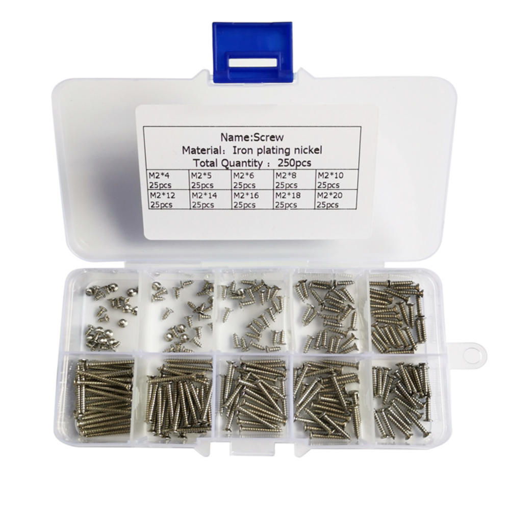 250Pcs M2 Stainless Steel Self Tapping Wood Screw Assortment Kit Lock Nut Wood Flat Head Thread Nail Screws Fastener Sets: Silver