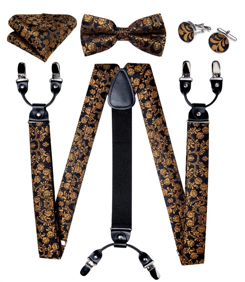 Luxury Yellow Men's Suspenders Silk Elastic 6 Clips Braces Wedding Party Accessories Men Y-back Suspenders Bow Tie Set DiBanGu: BD-4007