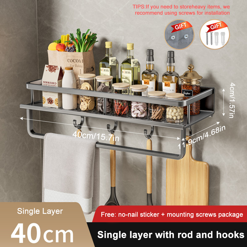 1/2 Stuks Geen Punch Kruidenrek Wandmontage Keuken Spice Organizer Met Haak Staaf Kruidenrek Spice Plank badkamer Keuken Plank: Dark Gray