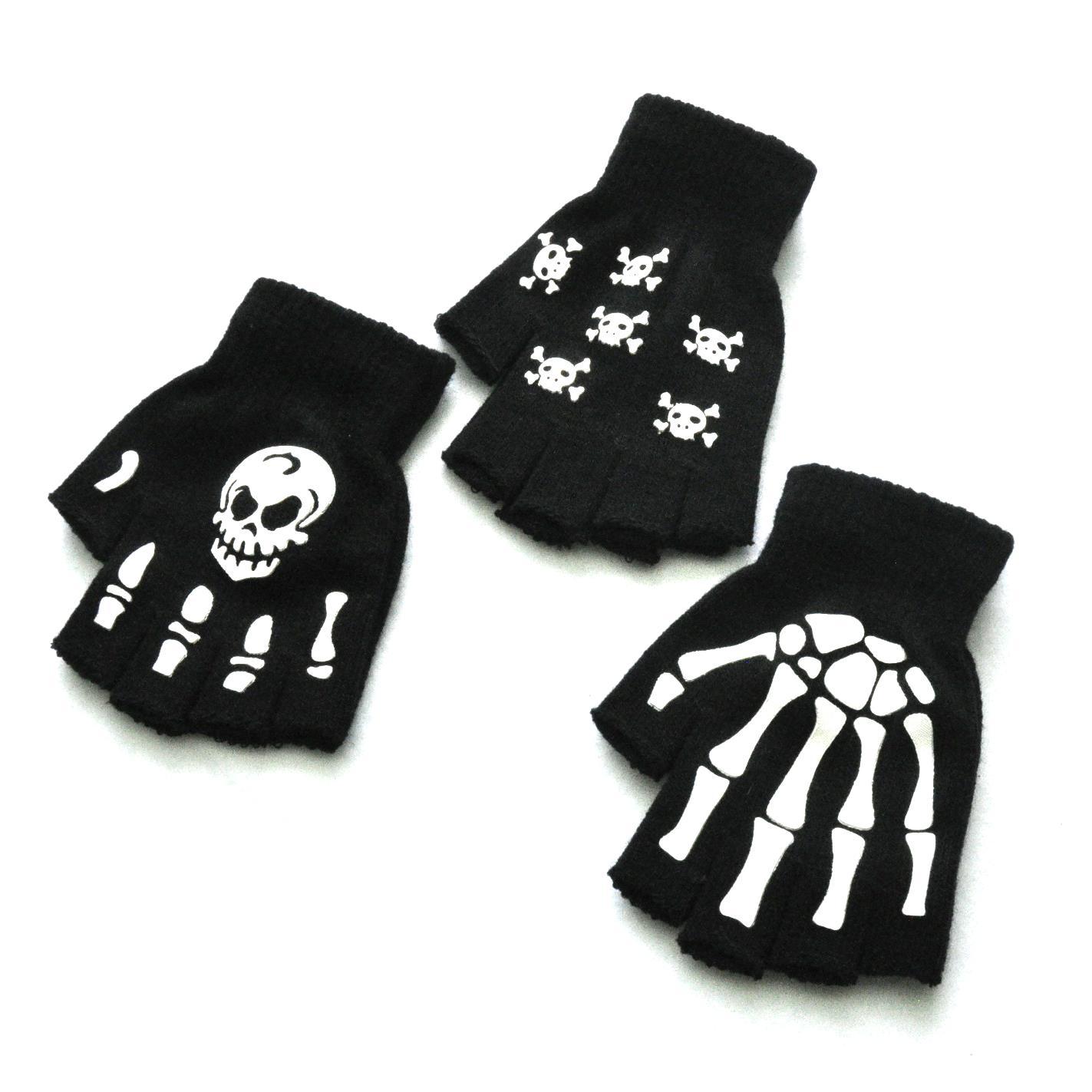 Unisex Adult Halloween Skeleton Skull Half Finger Gloves Glow In The Dark Fingerless Stretch Knitted Winter Mittens