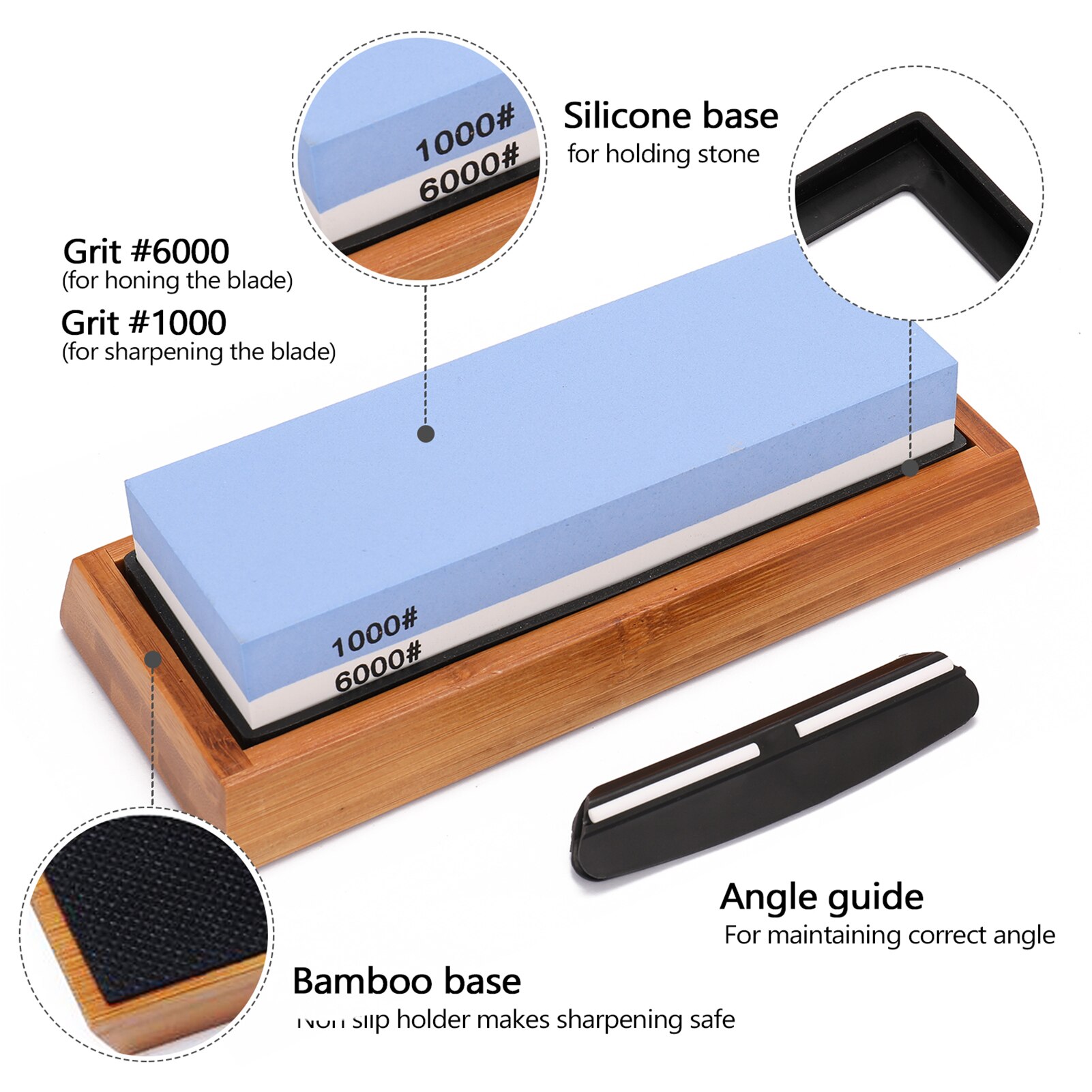 Piedra para afilar cuchillos japoneses de primera , grano lateral de 2, 1000/6000, piedra de agua con Base de bambú antideslizante y guía de ángulo