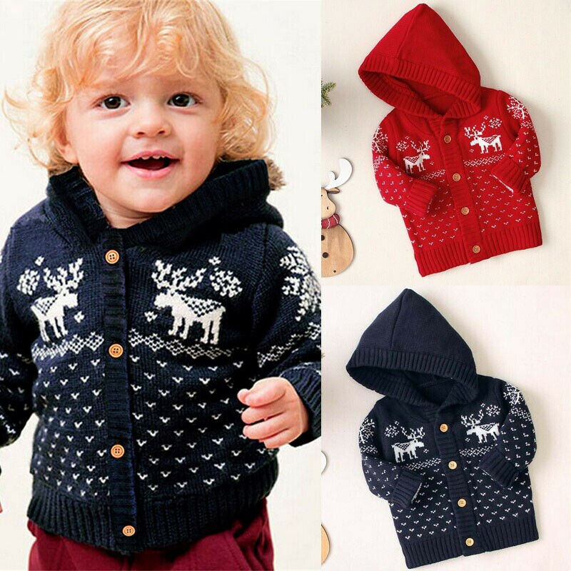 Newborn Infant Baby Girls Long Sleeve Elk Coat Jacket Christmas Knitted Outerwear Clothes Autumn Winter Warm Hooded Cardigan