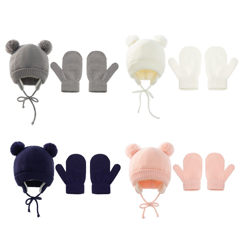 Set di 2 guanti per cappello da bambino Set di cappelli per bambini in maglia di pelliccia intrecciata a maglia solida 2021 inverno ragazzi ragazze bambini berretto cappelli per orecchie caldi