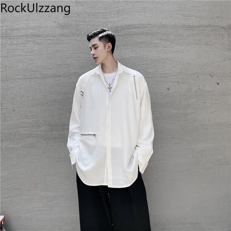 Plus størrelse langermet høstantrekk søm glidelås ringe bånd fast punk streetwear skjorte mørk bluse hofte hopp harajuku menn goth