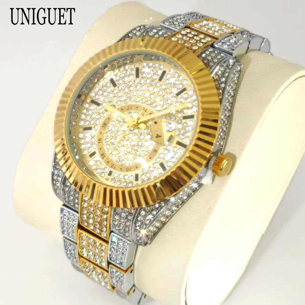 Luksus guldure herremærke unikuet hiphop fuld diamant bling smykkeur herre vandtæt kvarts armbåndsur reloj: Kaffe