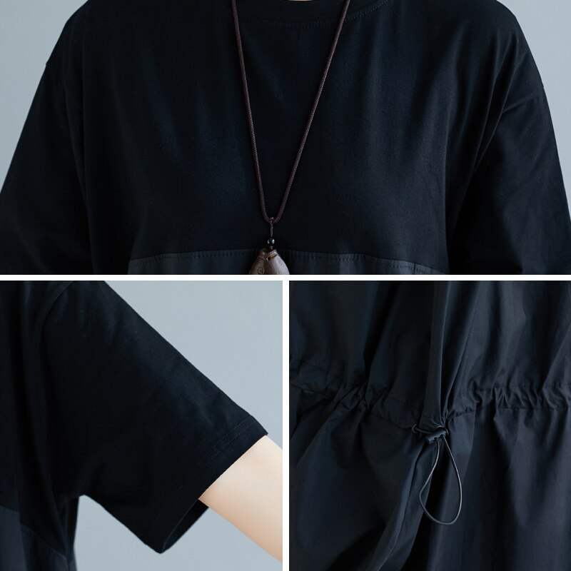 DIMANAF-vestido holgado y plisado de algodón para mujer en tallas grandes, informal, negro, liso