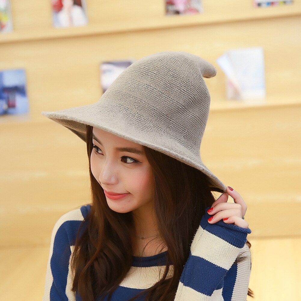 Women Modern Witch Wool Hat Foldable Costume Sharp Pointed Wool Felt Halloween Party Hats Witch Hat Warm Cap