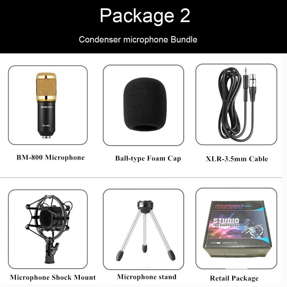 Bm 800 Mikrofon Condenser Sound Recording Bm800 Microphone With Shock Mount For Radio Broadcasting Singing Recording KTV Karaoke: bundle2  Black