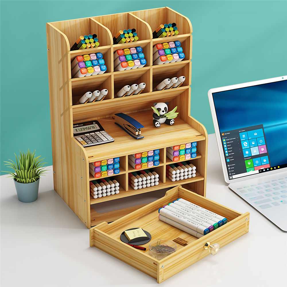 Multi-function Wooden Desktop Pen Holder Office School Stationery Storage Stand Case Desk Pen Pencil Organizer