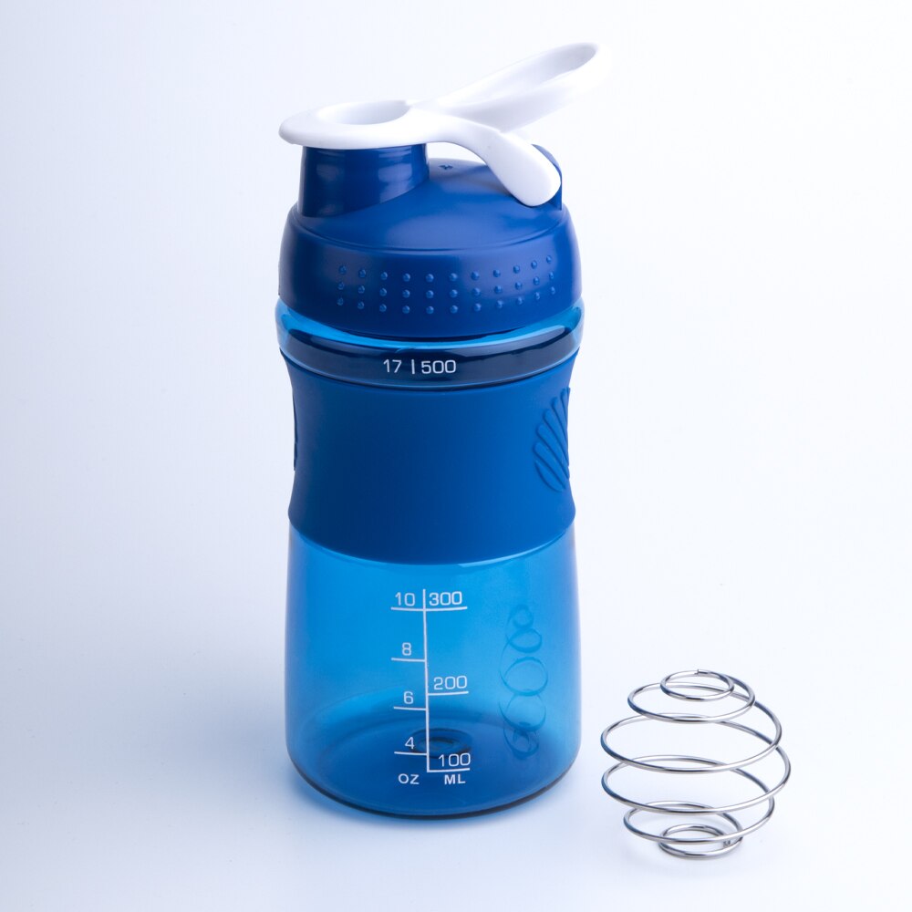 500ML/750ML Shaker protéine bouteille d'eau de alimentaire BPA gratuit Shaker bouteille salle de sport avec boule d'agitation étanche couvercle voyage en plein air: Bleu / 500ml
