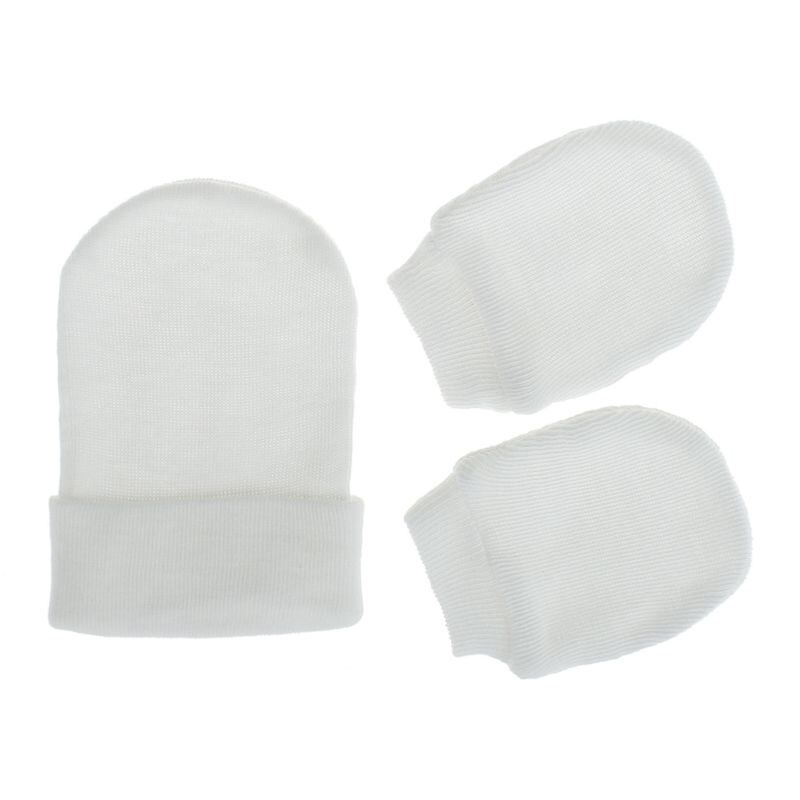 2 pçs bebê anti riscar luvas de algodão macio única camada chapéu conjunto proteção riscas luvas mais quentes kits: WHITE