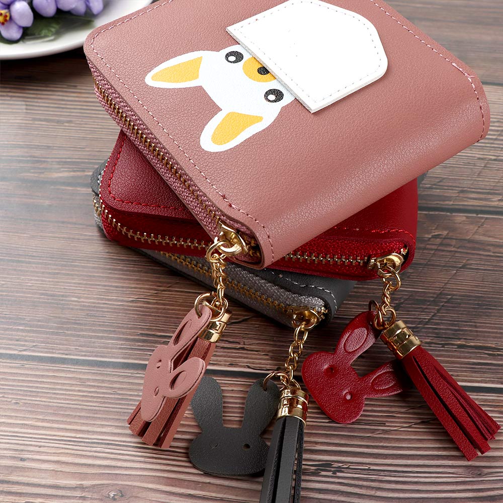 Korte kwastjes dames portemonnees schattige kleine portemonnee cartoon hond dier korte portemonnee met rits rond dames clutch kaarthouder