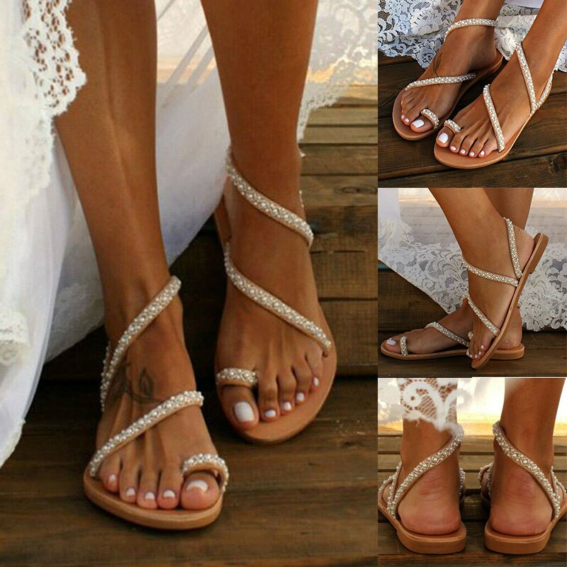 Women Boho Crystal Sandals Cross Toe Ring Flat Sandals for Summer ALS88