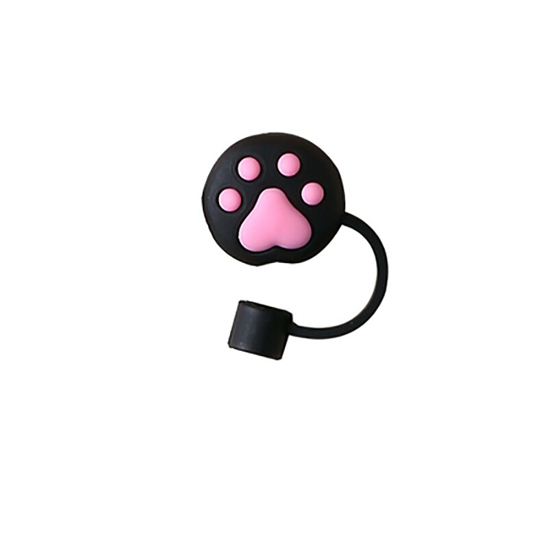 Bouchon de paille en Silicone, capuchon anti-poussière, tasse à boire réutilisable, accessoires de paille en verre, bouchon de dessin animé, couvercle de tête d'aspiration, mignon universel: Black cat paw