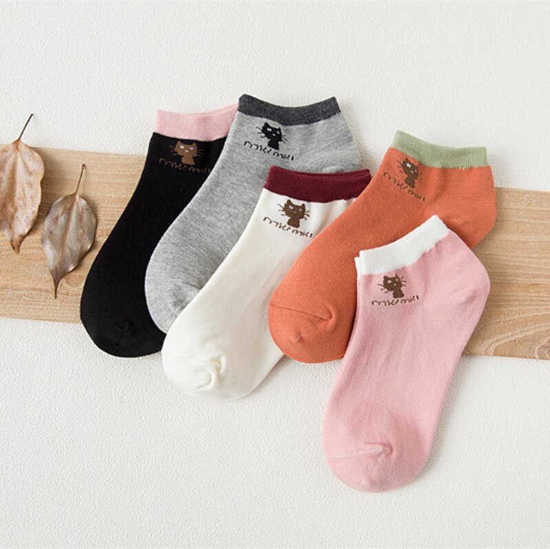 Calcetines tobilleros con de gato para Mujer, medias cortas con dibujos de animales, coreana, Kawaii, informal, 5 pares: Fucsia