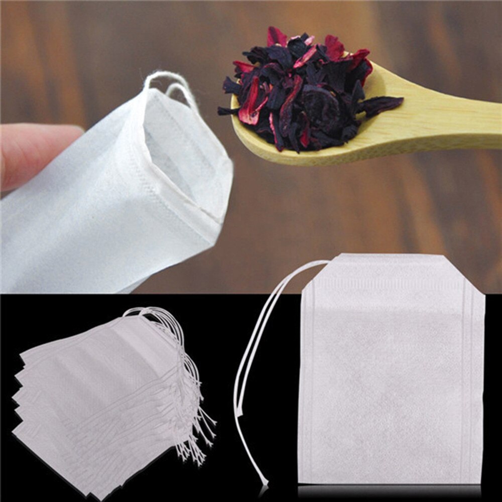 Bolsa de té vacía desechable 100 Uds., bolsa de té con cordón, ingredientes, filtro para especias, tela blanca, bolsas de filtrado de té con flores, Theezakjes