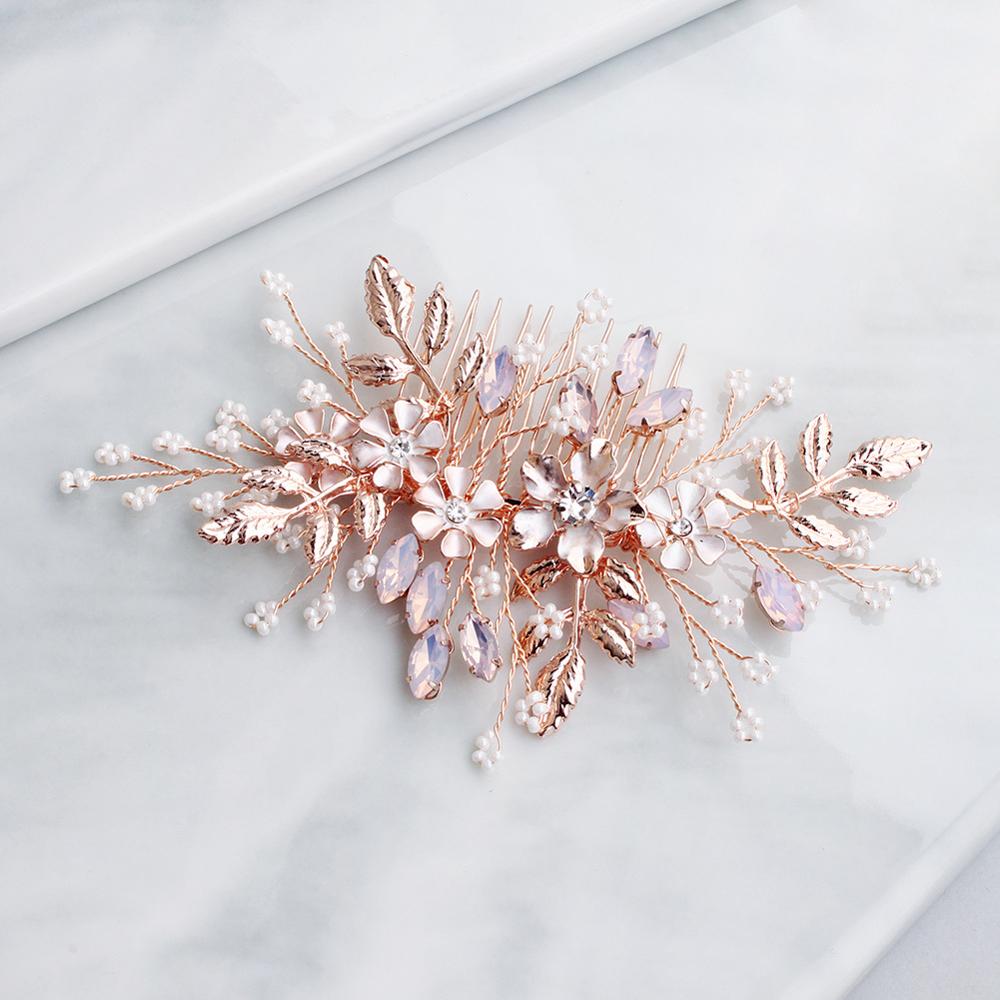 Women Flower Hair Combs Rose Gold Color Leaf Hair Jewelry Accessories Pink Crystal Wedding Hair Ornament For Bride