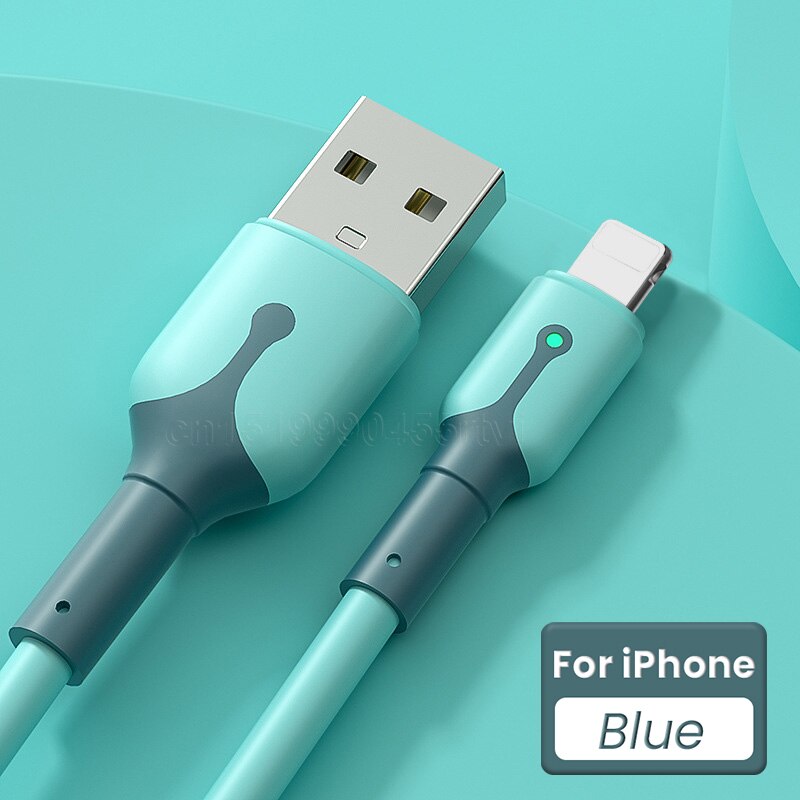 Zachte Verlichting Usb-kabel Voor Iphone 13 12 11 Pro Max Xr Xs 8 7 6 Ipad Snelle Data Opladen lader Usb Draad Koord Mobiele Telefoon Kabel: Blue