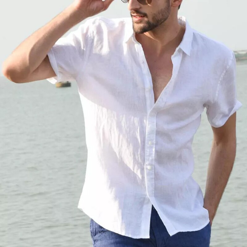 Herren lässig Kurzarmhemden Freizeit Straße tragen Revers Taste-Nieder Einfarbige Hemden für Männer Jahrgang Urlaubsbluse M-3XL
