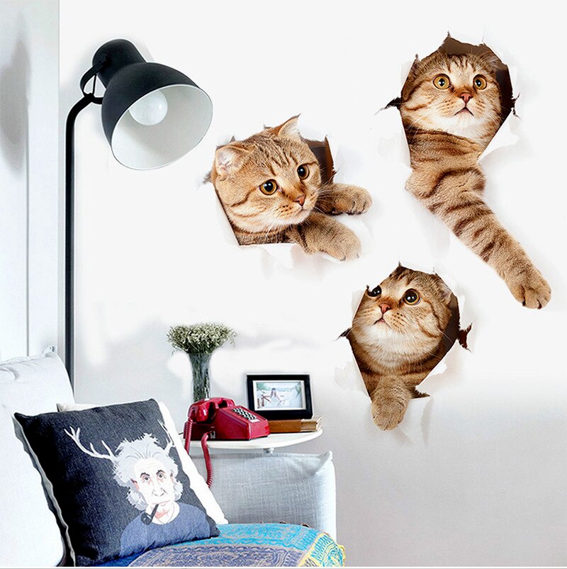 3D Cute Cat Stickers Car Home Bedroom Toilet Kitten Broken Wall Decor Sticker Vinyl Decal Realistic Funny Anima Stickers