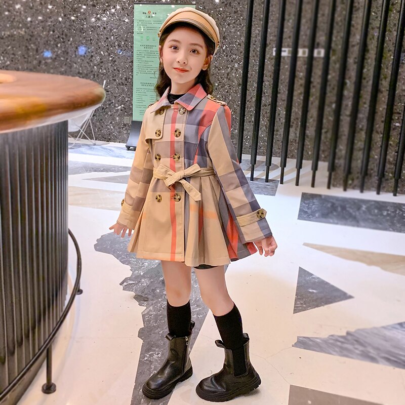 kids 5-17 year plaid long trench double button coats for little girls teens teenage korean autumn winter outwear clothes