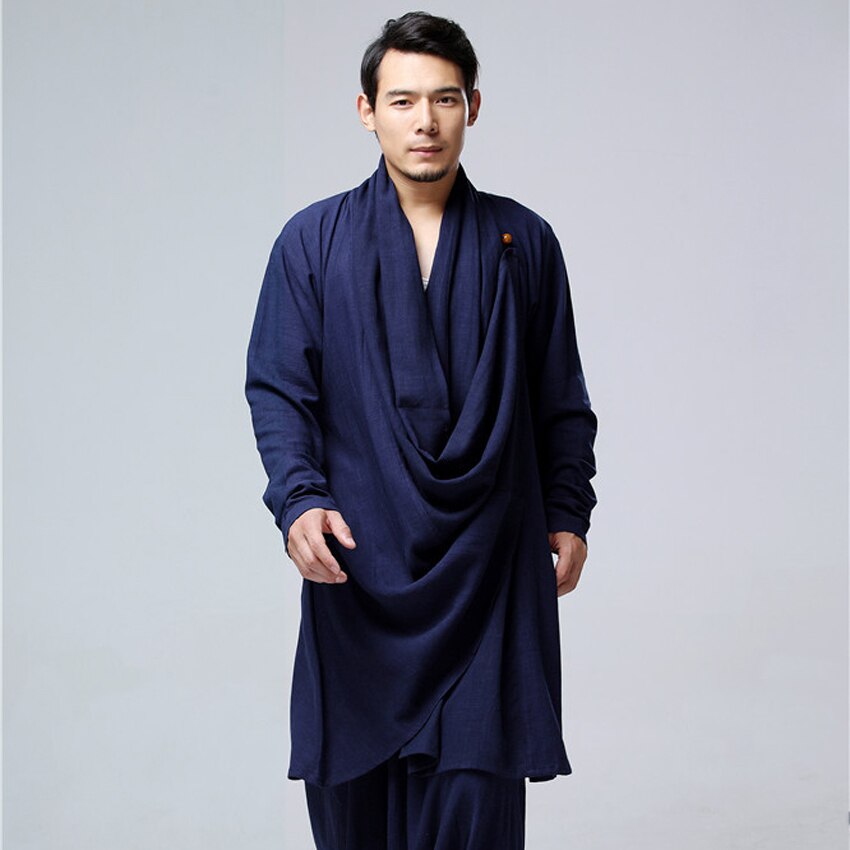 Løs stil plus størrelse mænd kinesiske traditionelle kostumer taichi uniform åndbar v-hals kung fu tang dragt mandlig linned kjole: Blå toppe / Xl