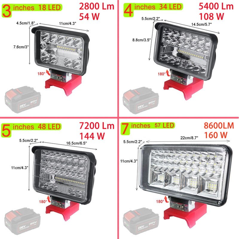 Luces LED de trabajo para coche, foco de antorcha eléctrica, lámpara de mesa portátil con Control de haz alto y bajo, batería de iones de litio de 18V