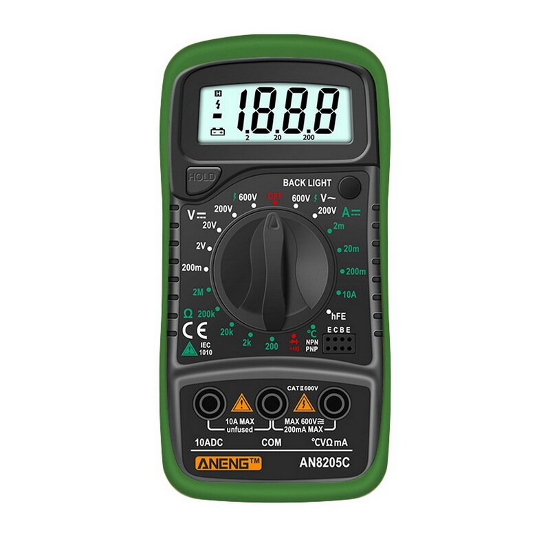 AN8205C Digital Multimeter AC/DC Ammeter Volt Ohm Tester Meter Multimetro With Thermocouple LCD Backlight Portable: Green