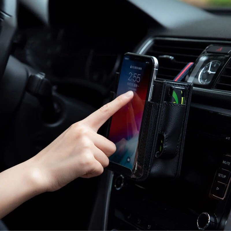 Sac de rangement suspendu pour téléphone portable, pochette de sortie d'air de voiture, sac de rangement à usage multiple, organisateur de véhicule en cuir microfibre, accessoires d'intérieur automobile
