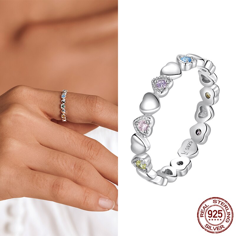 Bamoer Echtem 925 Sterling Silber Regenbogen Herz Ring für Frauen Liebe Ringe Luxus Bunte Zirkon Hochzeit Schmuck: SCR140-CF / 8
