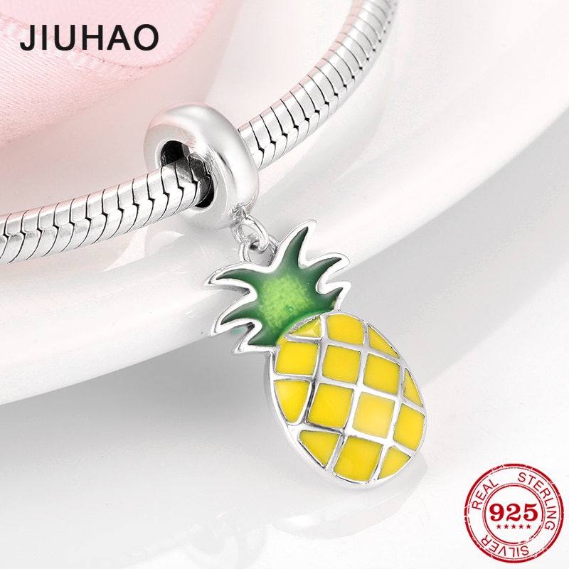 Sommer stil 925 Silber Ananas Gelb und grün Emaille Charme Perlen passen Original Armbinde feine für Frauen DIY Schmuck Machen