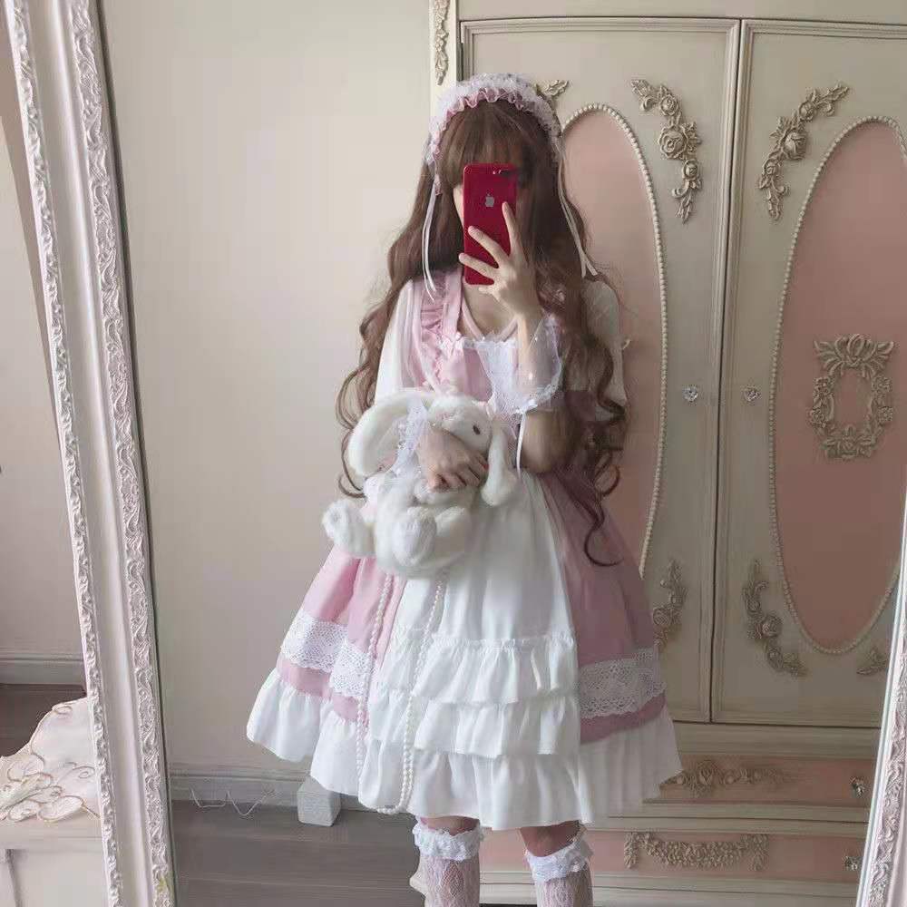Japanese Black Pink Maid Costume Loli Lolita Skirt Op Small Cute Soft Girl Fairy Skirt Gothic Lolita Dress Women Kawaii Clothing