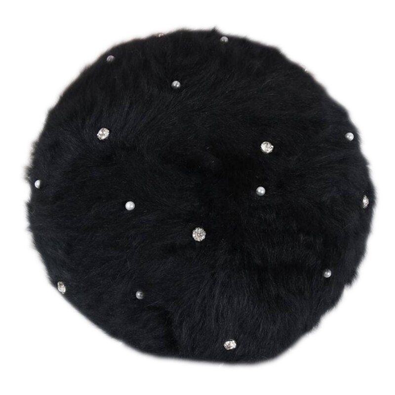 Vrouwen winter zachte pluche baret pet met strass parel kralen schilder muts  j78e: Zwart
