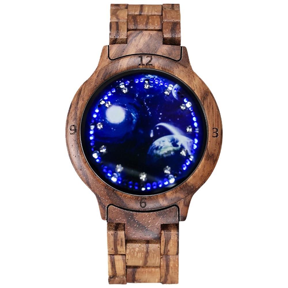 LED Display Revolving Light Touch Screen Electronic Men's Watch Night Vision Full Wooden Band Wristwatch Relojes Hombre: zebra wood