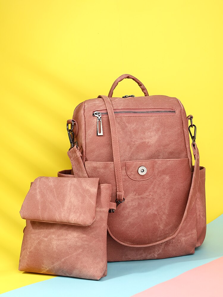 VICUNA POLO-Conjunto de mochila de cuero de para mujer, mochilas universitarias y para viajar, de gran capacidad, para el día