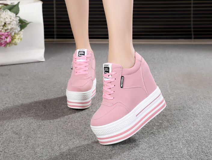 2019 wiosna kobiety botki wysokie buty na koturnie na co dzień marka kobieta 12CM zwiększona wysokość buty kobieta moda platforma trampki: Różowy / 5.5