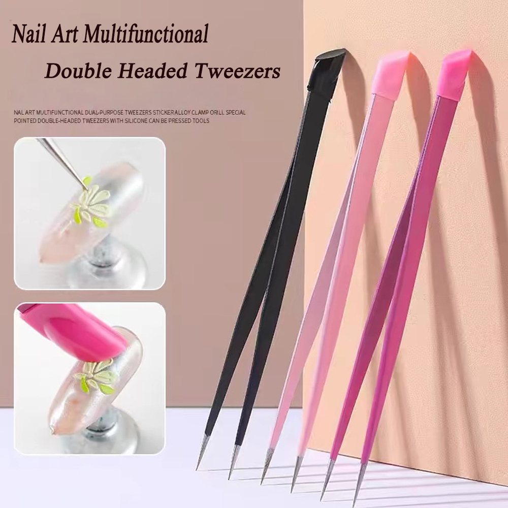 Pinzas de doble cabeza negras/rosas, herramienta de maquillaje de punta inclinada de acero inoxidable, cabezal de prensa de silicona para pegatinas de uñas, pinzas para pestañas