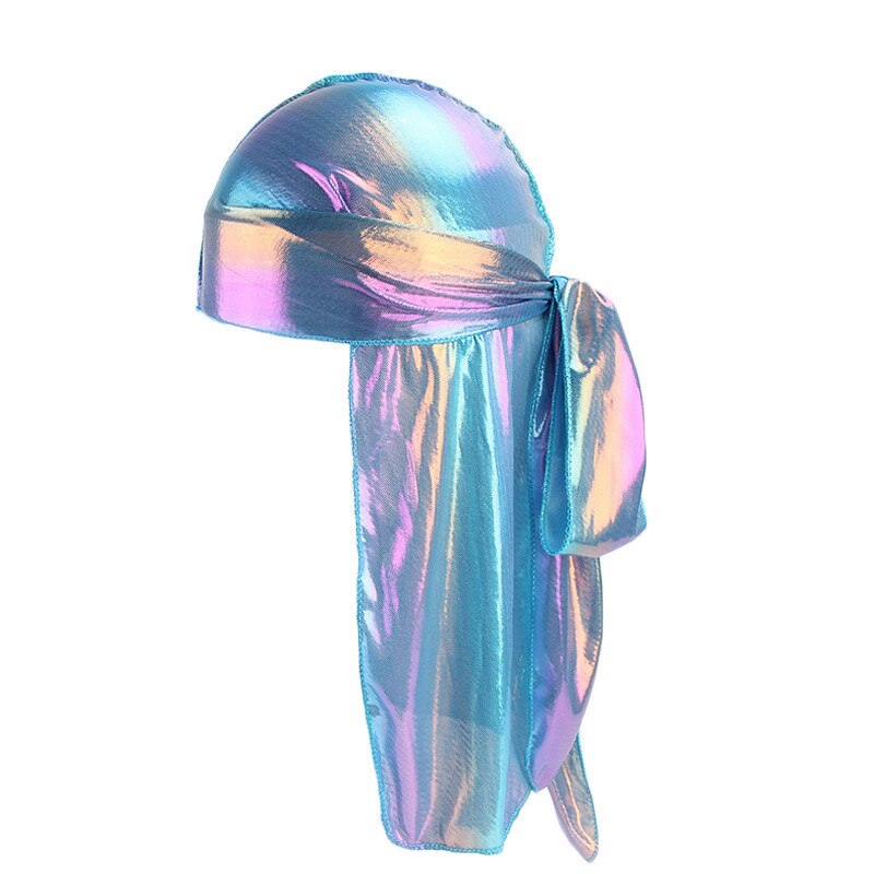 Durag Do Doo Du chiffon, casquette de randonnée respirante, Bandana en soie scintillante, couvre-chef à longue queue pour hommes et femmes, chapeau de Pirate Hip Hop: Sky blue