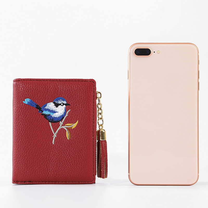 Wallet Women Bird Embroidery Portefeuille Femme Zipper Hasp Short Purse Leather Card Holder Green Blue Pink Black Women Wallets