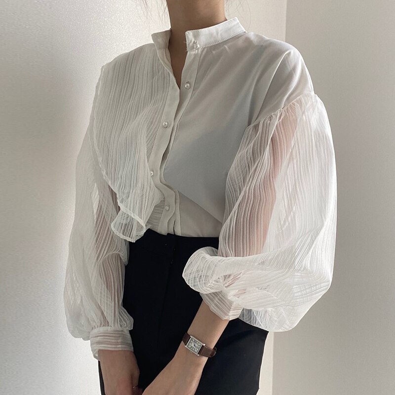 Blusas manica a sbuffo camicie bianche camicetta donna nuova primavera camicie monopetto superiore vedere attraverso camicetta allentata sexy donna 11256