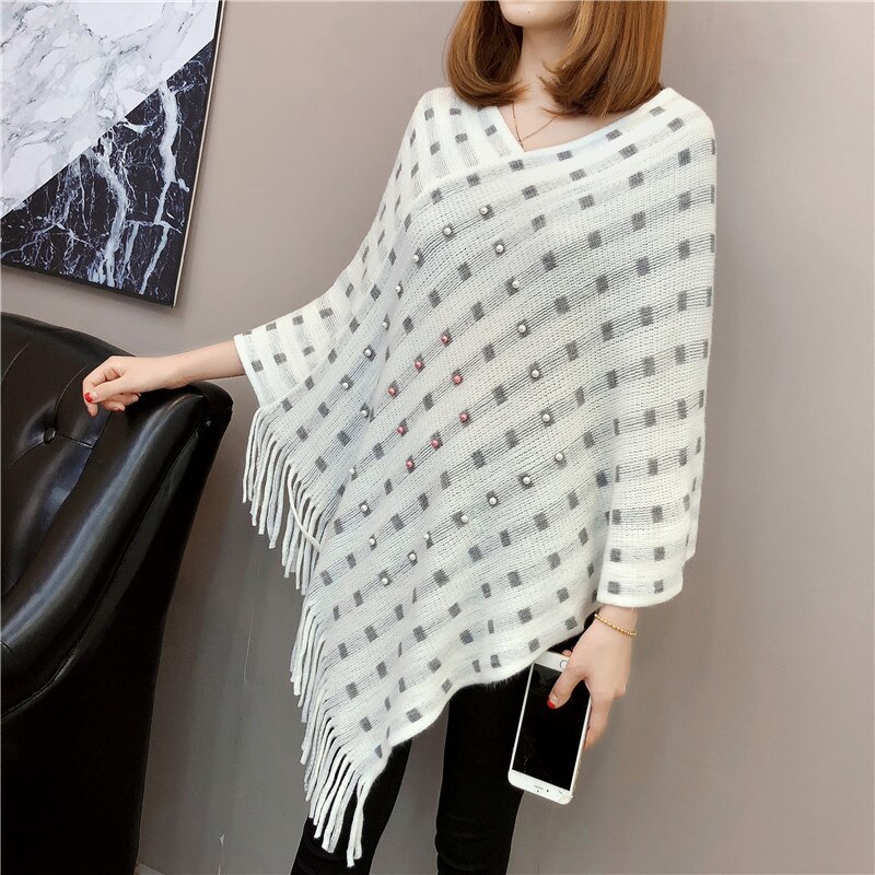 Plus løse oversized beading perler kvast poncho flagermus ærme kappe sweater strik wrap pullover party ol chaqueta