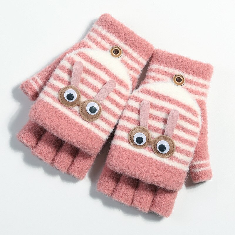 Balleenshiny Kinderen Handschoenen Kids Wanten Winter Plus Fluwelen Warme Tas Vinger Cartoon Gestreepte Half Vinger Gebreide Handschoenen: Roze