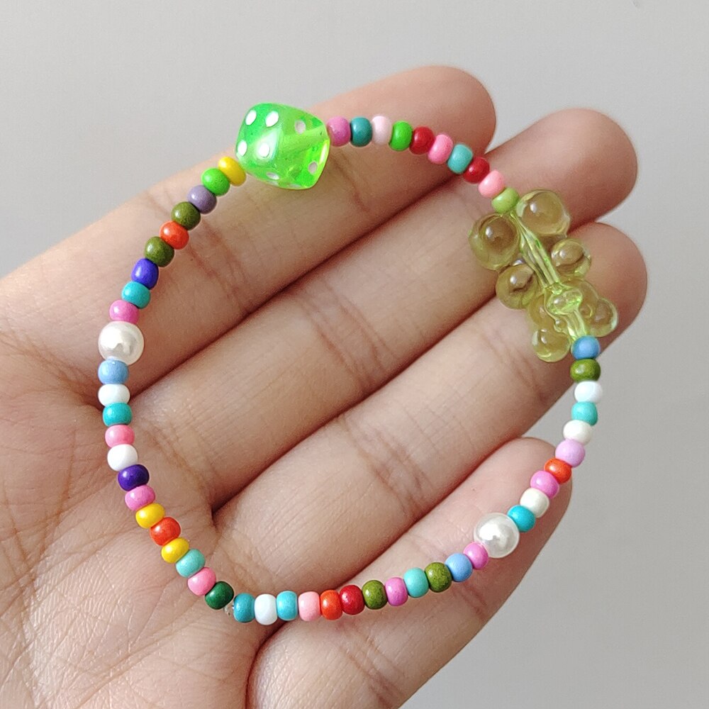 ZX-pulsera con cuentas de resina transparente para mujer, brazalete con cuentas de oso de goma, colorido, étnico, bohemio, , joyería INS: green