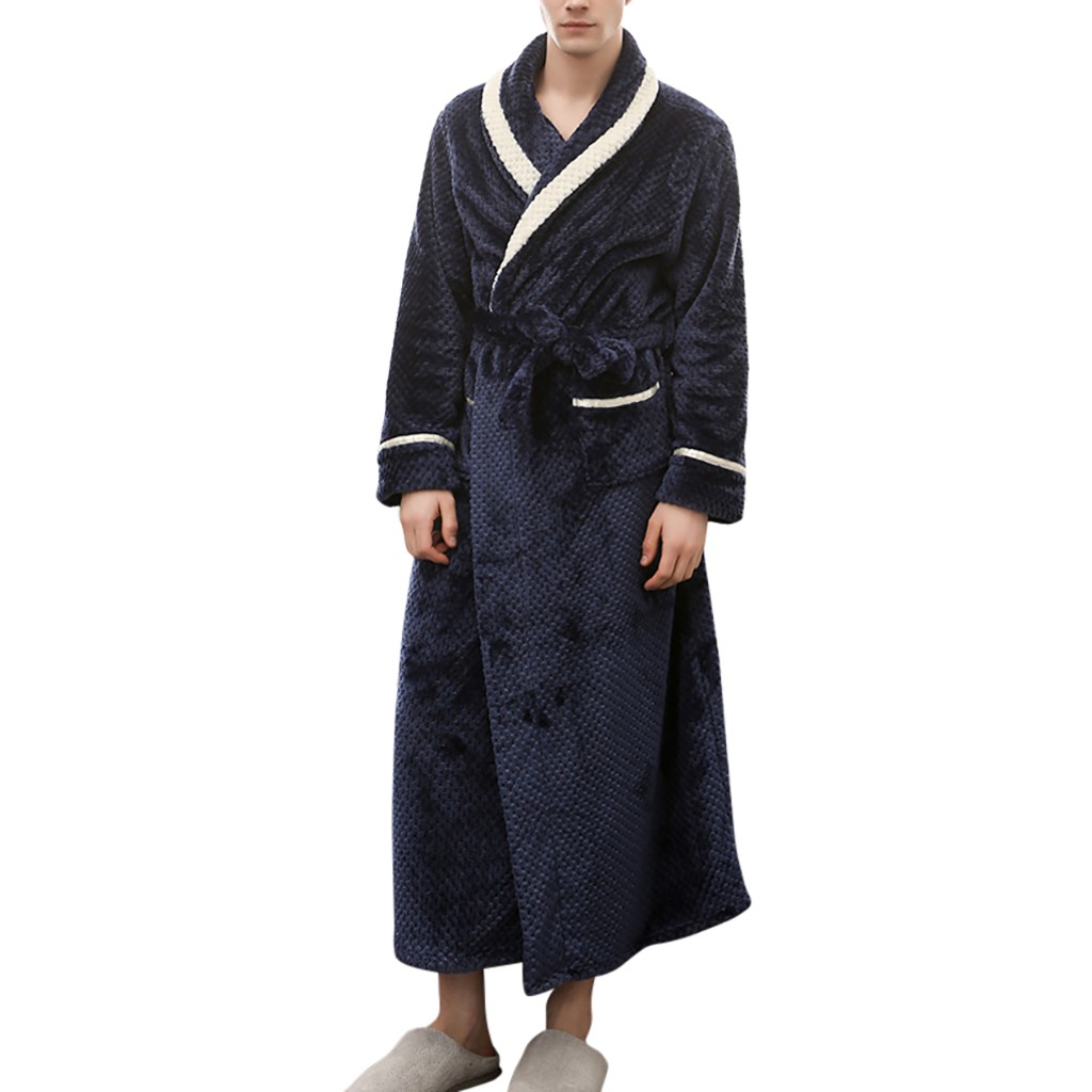 Couples Bathrobe Men Sleepwear Winter Lengthened Bathrobe Splicing Home Clothes Long Sleeved Robe Coat szlafrok Bath Robe: Blue / XXXL