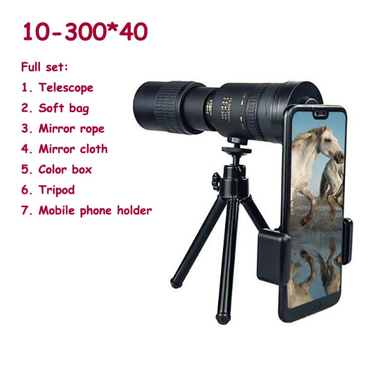 4K 10-300X40mm super Teleobiettivo Ingrandisci Telescopio Monoculare impostato con Il Treppiedi Smartphone Titolari Portatile per la Spiaggia di Viaggio: Default Title