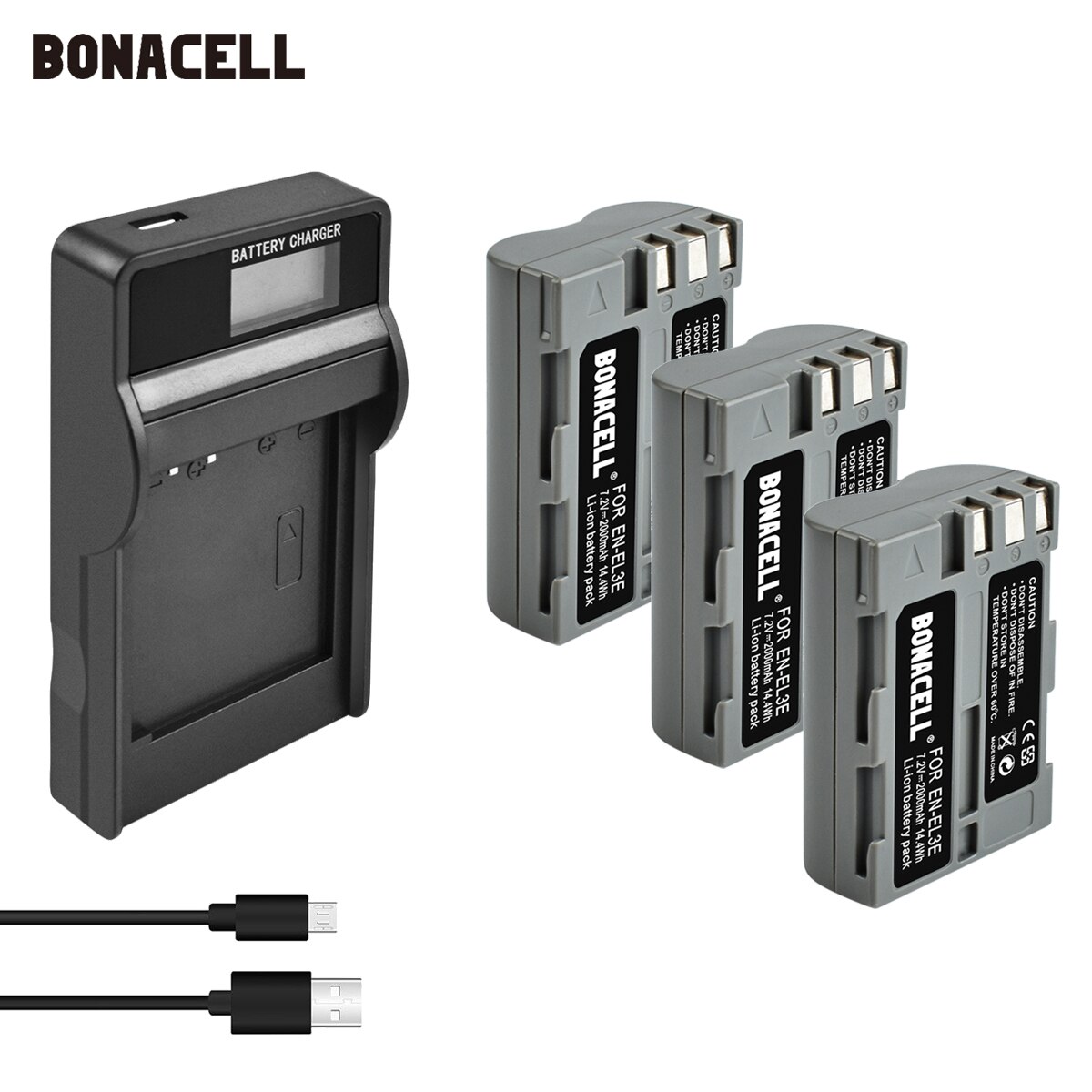 Bonacell 2000mAh EN-EL3E batería y LED cargador para Nikon D50 D70 D70s D80 D90 D100 D200 D300 D300S D700 Cámaras SLR digitales L5