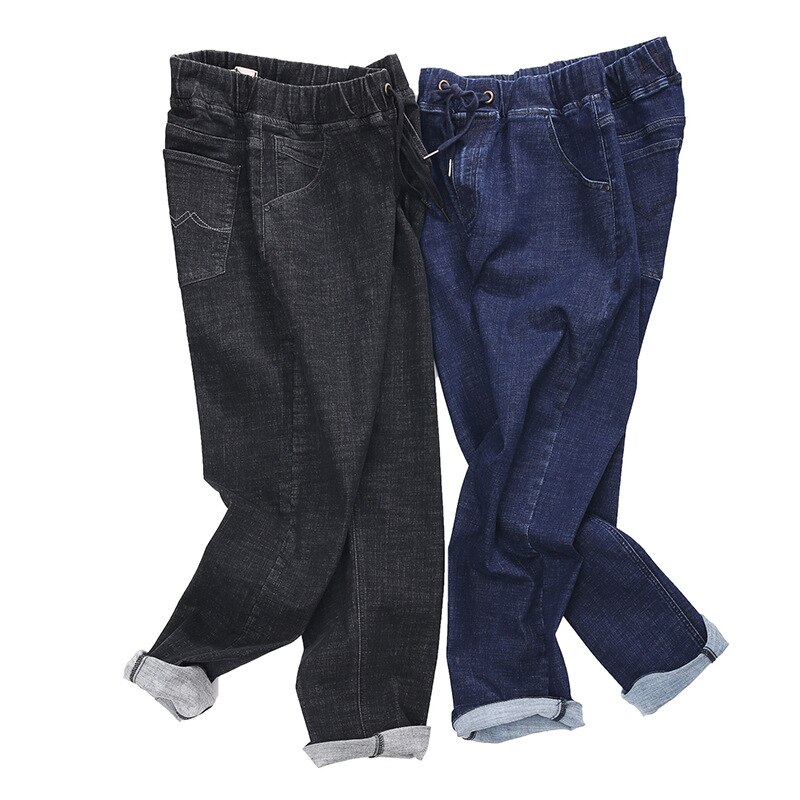 Plus size 44 46 48 svarta herrjeans helårsbyxor herr lös resår midjeelasticitet raka jeansbyxor stretchjeans