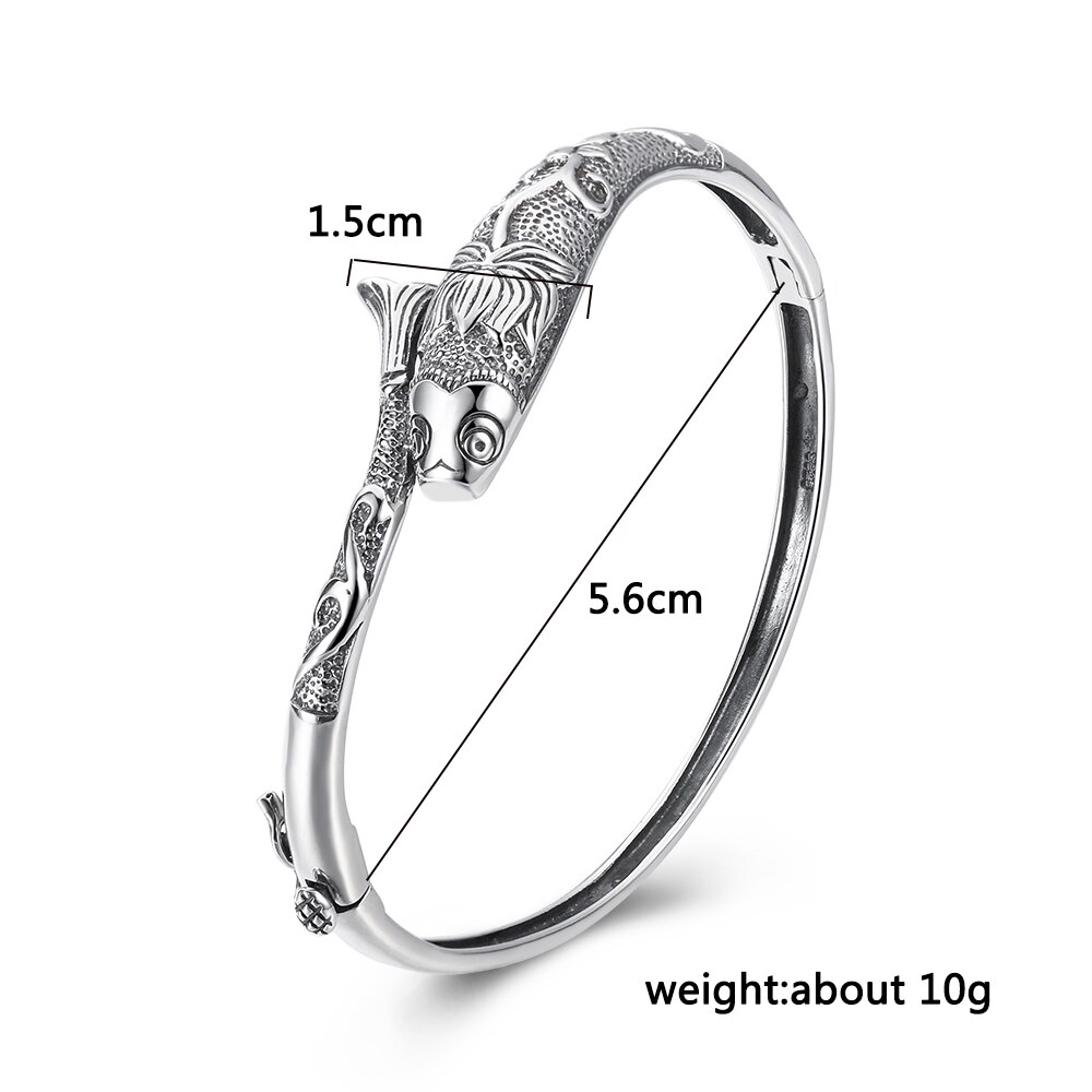 V.YA Thai Silver Vintage Bangles Fish Bracelets for Women 925 Sterling Silver Jewelry Unique Toggle-clasps 56MM